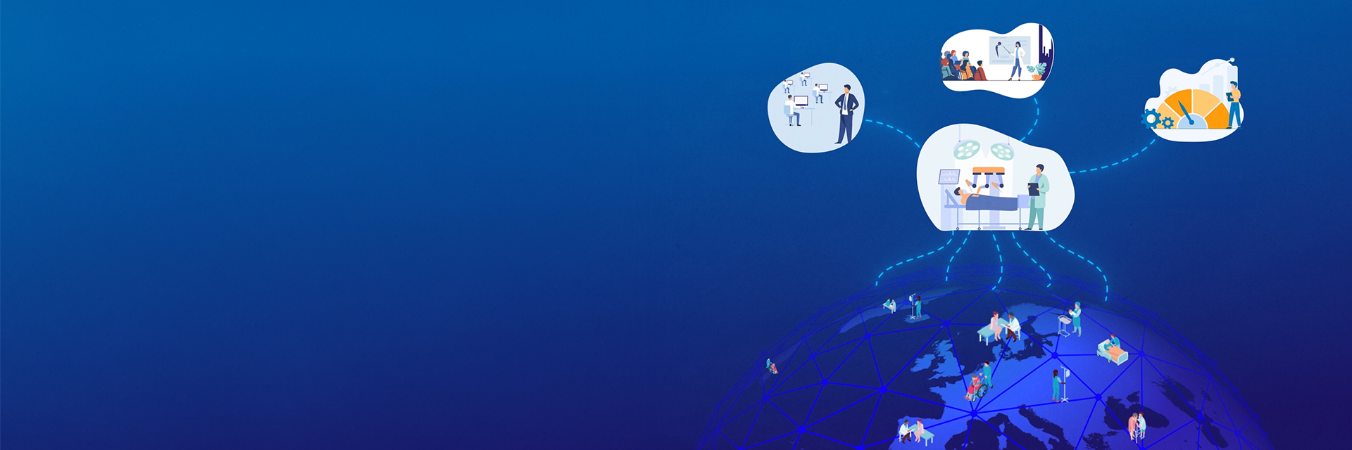 Predominantly blue graphic of a globe with small figures of medical professionals and patients in bubbles connected to globe