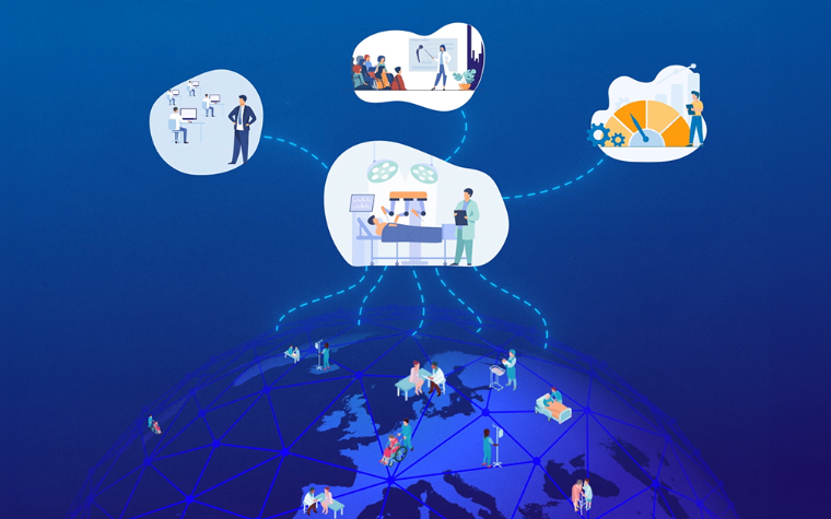 Predominantly blue graphic of a globe with small figures of medical professionals and patients in bubbles connected to globe
