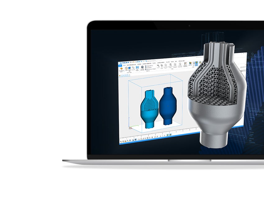 Screenshot of Magics 29 with a render of the 3D-printed part in front of the screen shown on a laptop screen