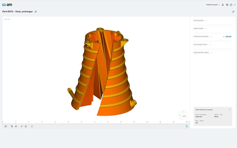 An orange and yellow cone-shaped heat exchanger illustrated in the CO-AM software platform.