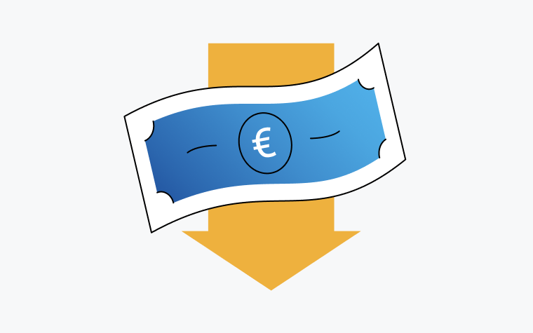 노란색 화살표가 아래를 가리키는 유로 지폐 아이콘