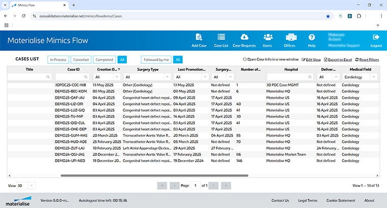 An internet browser with Materialise Mimics showing a case list