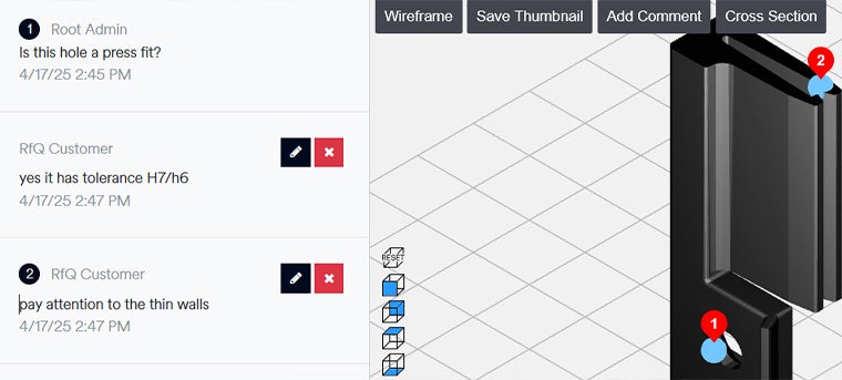 A 3D-generated image of a part in CO-AM where customers and team members can leave comments.