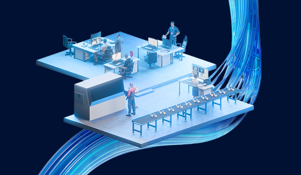 An illustrated scene displaying a medical device company environment, including groups of people at their computers  and a 3D printing lab