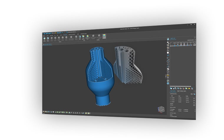 Materialise 레티스 모듈에서 생성 중인 레티스 디자인이 적용된 3D 모델의 내부 모습.