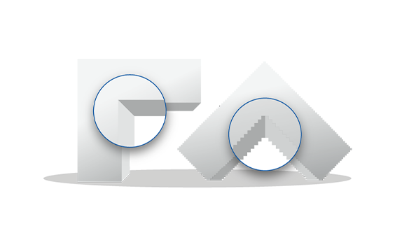 Two three-dimensional geometric shapes — an L-shape on the left and an inverted V-shape on the right — each with a circular magnified detail highlighting the edges, showing a sharp inner corner on the L-shape and a stepped, pixelated edge on the V-shape.