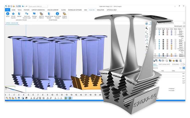 Materialise Magics showing identical parts with labels and a metal 3D-printed version of the part popping out of the screen