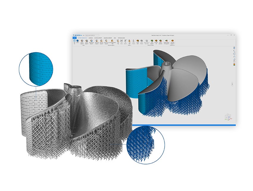 Materialise e-Stage for Metal+ の画面で、細いサポート構造を持つファンの3D画像がレンダリングされています。手前が金属製3Dプリンターで作られたファン。