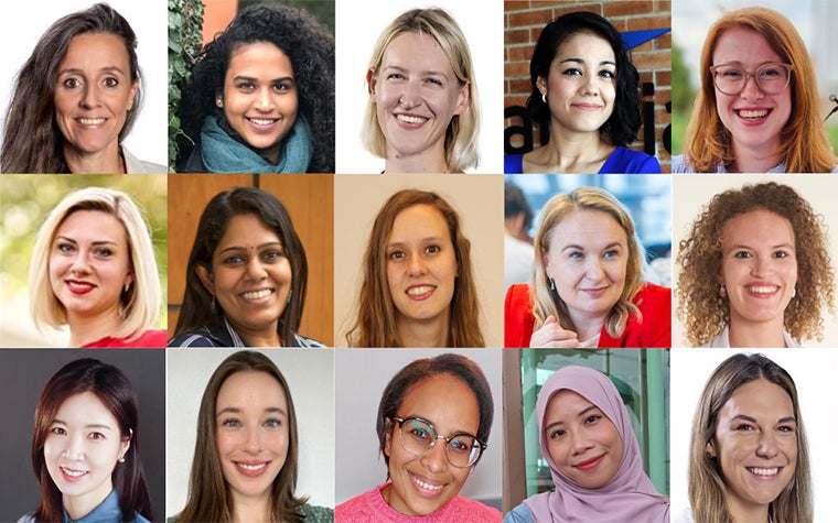 A collage of different women who work at Materialise. There are 15 profile images in total, and the women are of different ethnicities. They're all smiling at the camera.