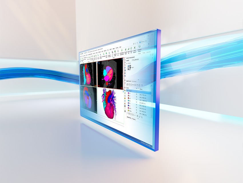 ミミックスコアのソフトウェアが表示され、背景に青い波線が入った画面の斜視図