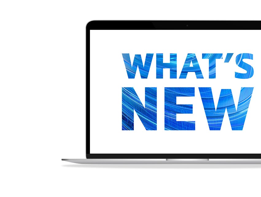 The words 'What's New' with blue swirly lines inside on a white background on a laptop screen