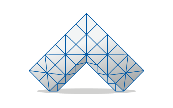 A three-dimensional angular shape resembling an upward-pointing arrow, divided into multiple triangular segments outlined in blue.