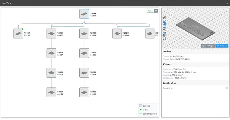 A screenshot showing CO-AM's revision tree, displaying a past version of a part