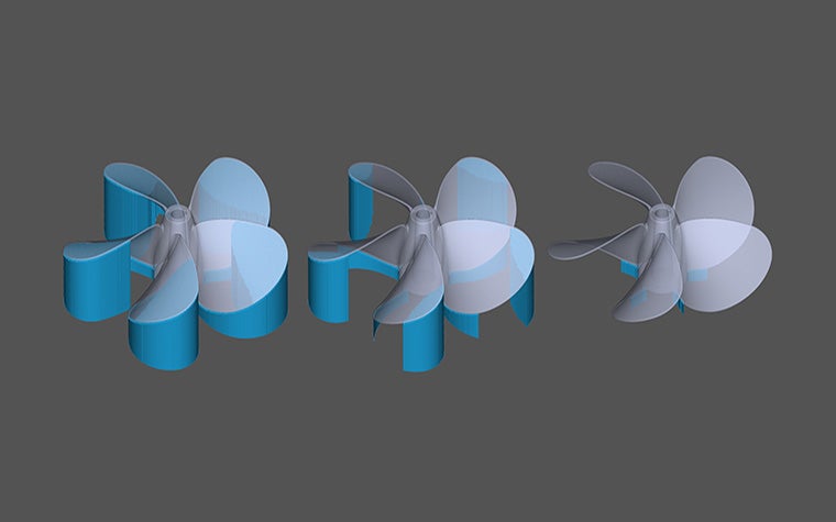 3 3D models of a propeller: one with complete support structures, one with less support, and one with minimal support structures