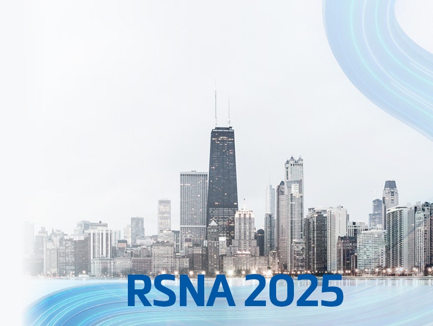 The Chicago skyline and the words RSNA 2025 with the signature Mimics blue swirl