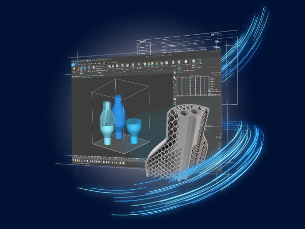 Un portatile che mostra tre modelli 3D in fase di progettazione in Magics e un modello 3D più grande, ispirato a un reticolo.