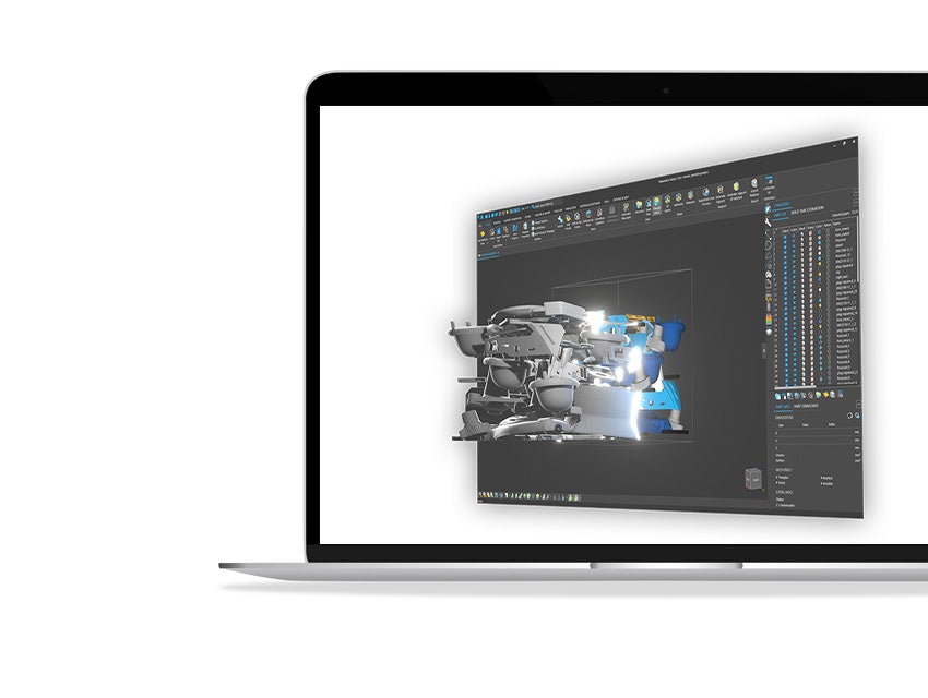 Screenshot of Materialise Magics with a nested build popping out of the screen show on a laptop screen