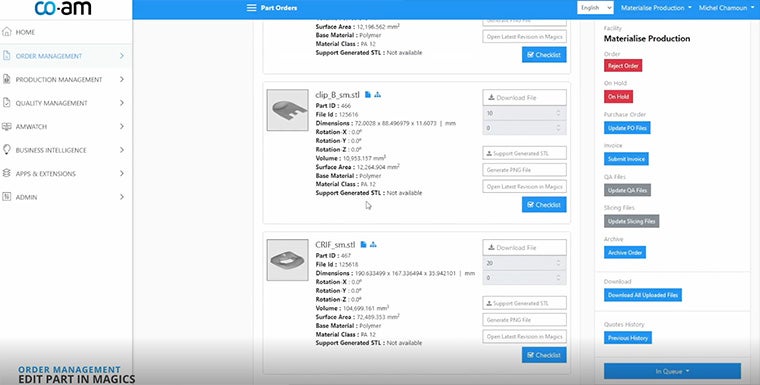 CO-AMのオーダー管理セクションの部品リストのスクリーンショット