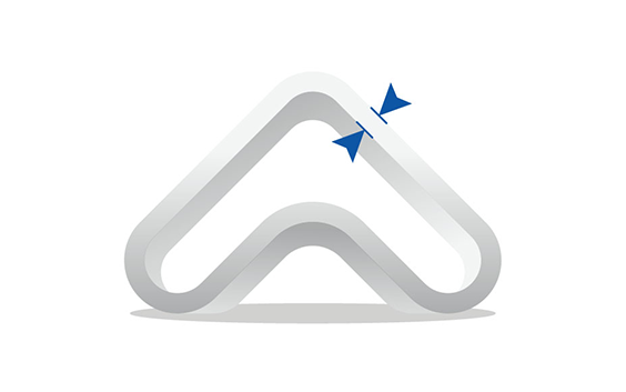 A three-dimensional rounded triangular arrow shape with a hollow center, featuring two small opposing blue triangles pointing toward a narrow section on the upper right side.