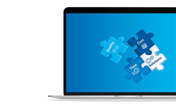 Blue puzzle pieces with the words quality, cost, time, and solutions on them.