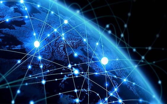 Digital image of a corner of the globe with spots of light and lines connecting them