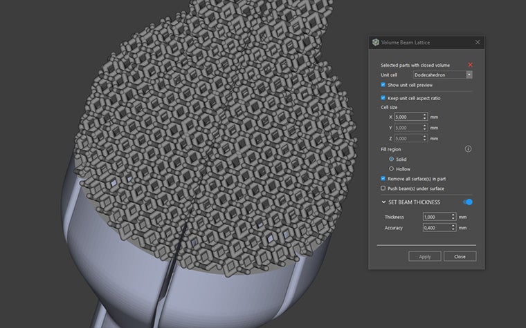 Materialise 레티스 모듈의 볼륨 빔 레티스 기능을 사용하여 편집 중인 3D 모델입니다.