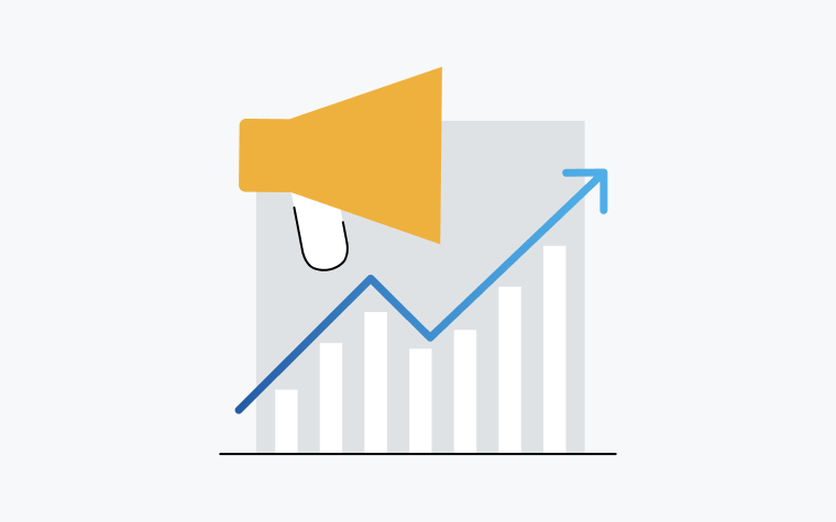An icon of a mega phone next to a vertical bar graph and a line above showing the upward trend visualized by the graph