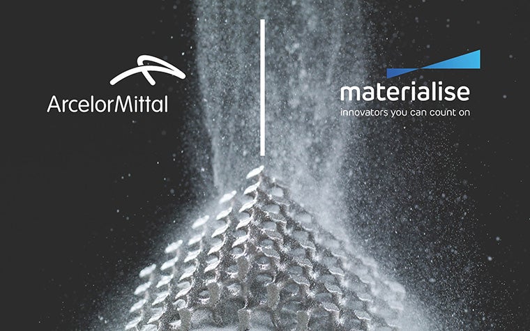 Metal 3D-printed part with powder particles floating down from above. The ArcelorMittal and Materialise logos are above