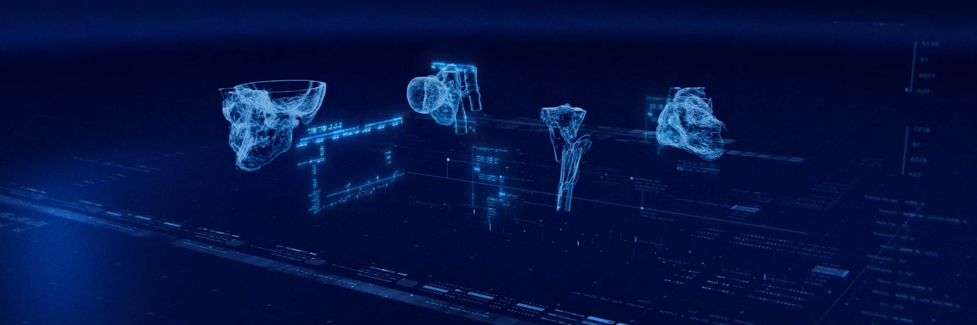 X-ray images of different human bones and a heart set against a deep blue background.