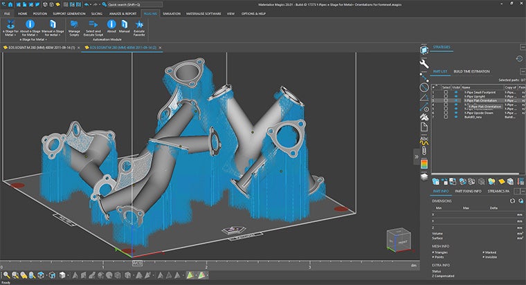 Screenshot of 3D-printed pipes and their support structures in e-Stage for Metal+