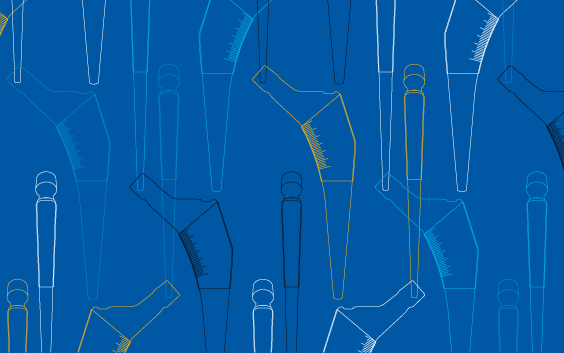 OrthoView template outlines of different hip implants repeated on a blue background.