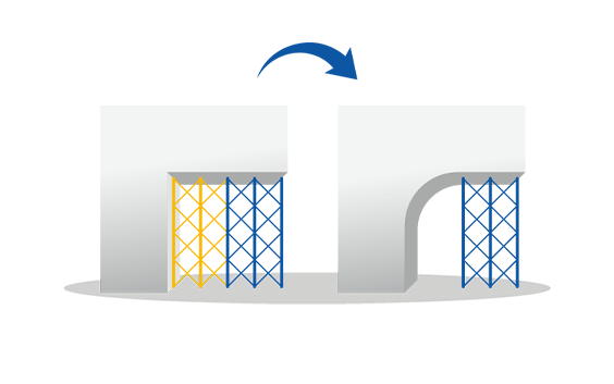 Two gray 3D shapes side by side: the left shape has a rectangular cutout supported by yellow and blue lattice structures, while the right shape has an arched cutout supported only by blue lattice structures, with a blue arrow above indicating transformation from the left design to the right.