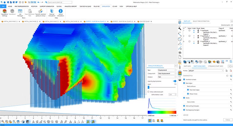 An image of a 3D build in the ansys simulation software. The build show areas with different tolerance levels. The top and bottom of the build has blue and green areas that are within tolerance. The middle of the build has areas that are red indicating places where supports could be added due to deformation.