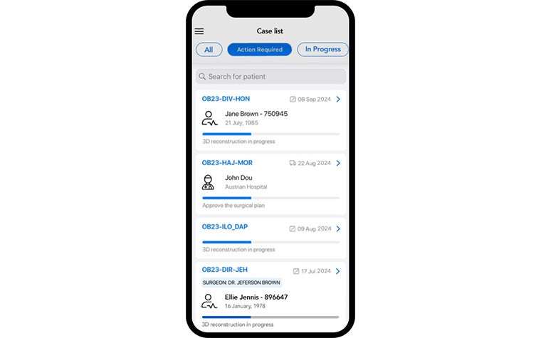 A smart phone displaying a case list on the Mimics Flow app
