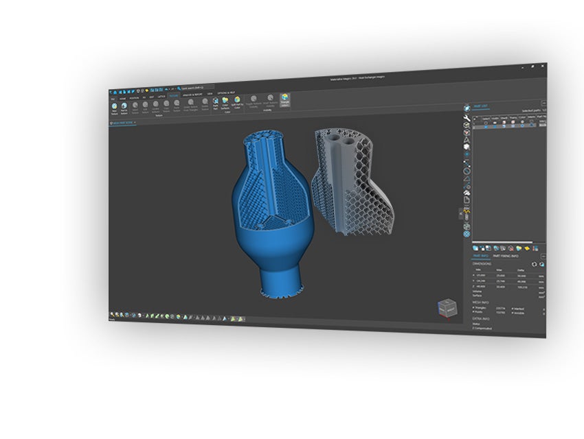 Materialise 레티스 모듈에서 생성 중인 레티스 디자인이 적용된 3D 모델의 내부 모습.