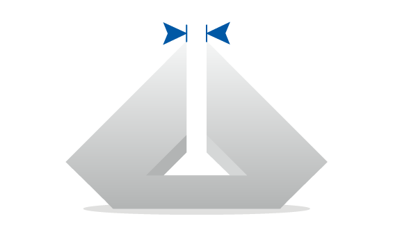 A geometric design featuring a large, inverted gray chevron shape with a triangular cutout at the bottom center, a vertical white bar extending upward from the cutout, and two small opposing blue triangles at the top of the bar.