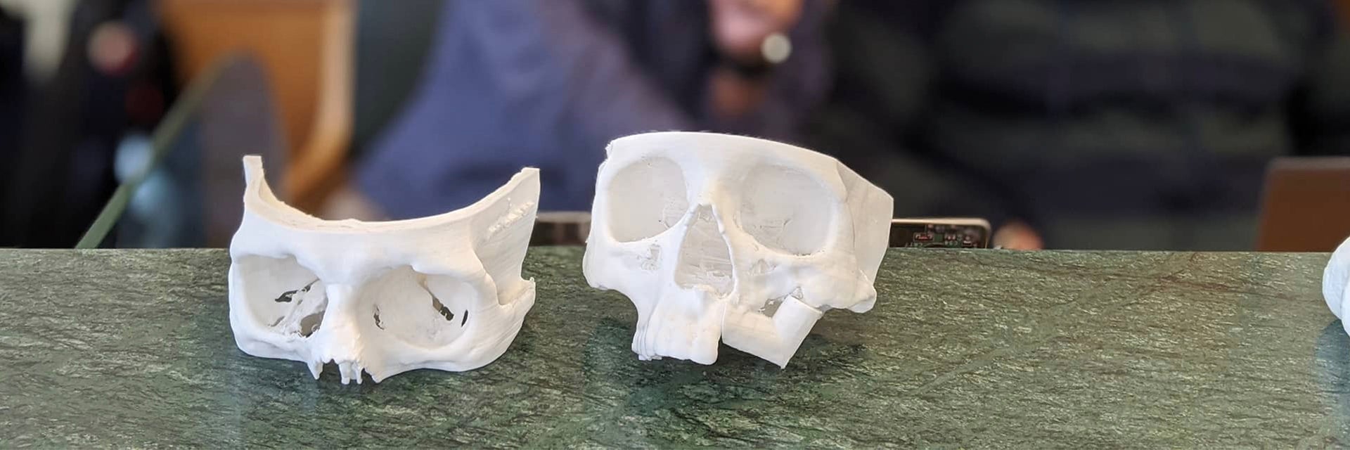 3D-printed skulls on a table 