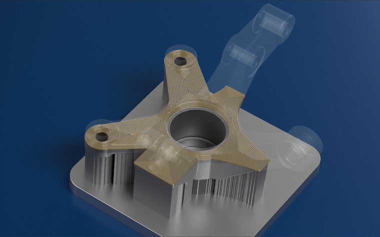 紺色の背景にモデルの3Dデザインのイメージ。3Dプリントのデータには、ソリッド、透明、チェック柄などの異なるレイヤーがあります。