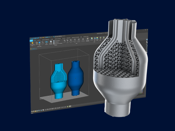 Magics 29のスクリーンショットと、その前に配置された3Dプリントパーツのレンダリング画像