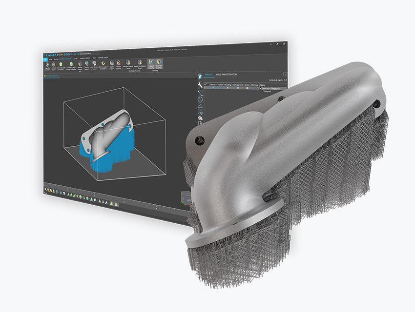 A metal 3D-printed part with e-Stage for Metal+ support in front of a screen showing the part in e-Stage using the dark mode