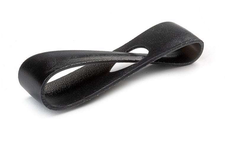 Un bucle negro impreso en 3D realizado con Taurus mediante estereolitografía, con un acabado básico.