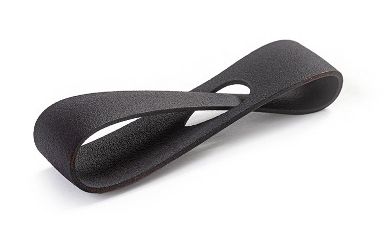 A black 3D-printed loop made in PA 11 using Multi Jet Fusion with a color dyed finish.