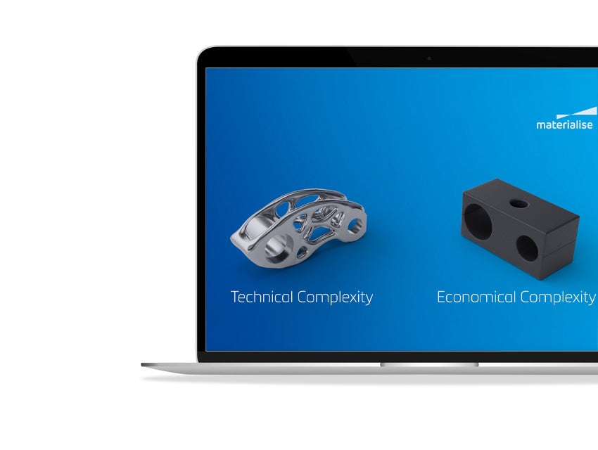 A laptop screen with two 3D-printed parts. The first is a complex metal lattice design and the second is rectangle with three wholes. Underneath the metal lattice are the words "technical complexity," and underneath the rectangle are the words "economical complexity."