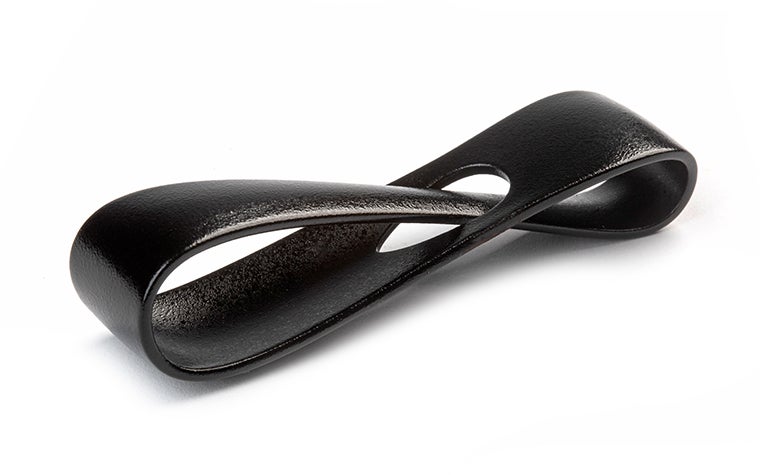 A black 3D-printed loop, finished with primer and spatter painted.