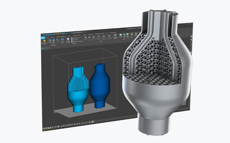 Screenshot of Magics 29 with a render of the 3D-printed part in front of the screen