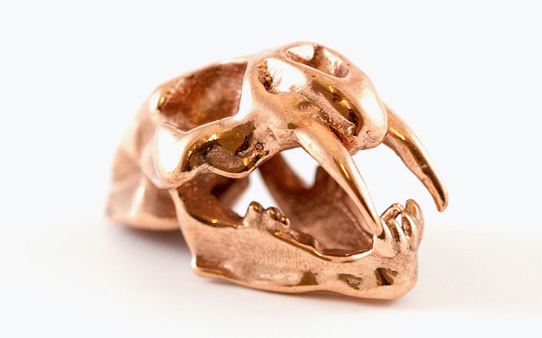 Modello di cranio di tigre dai denti a sciabola realizzato in rame con la tecnica della fusione a cera persa.