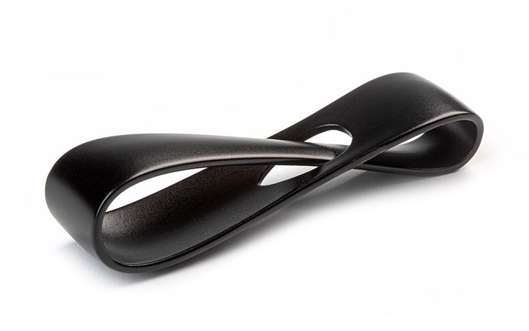A black 3D-printed loop, finished with primer and a matte paint with 30 percent gloss.