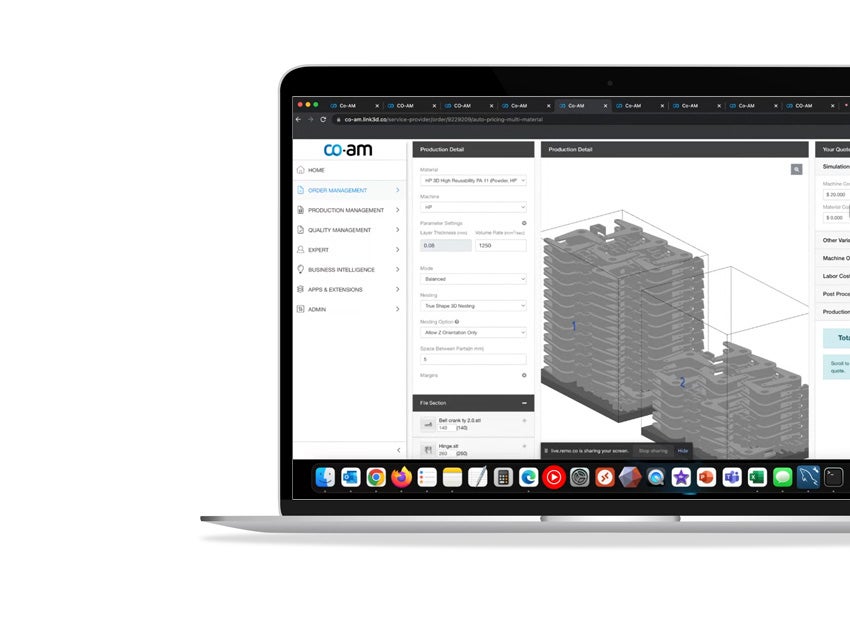 A laptop showing the CO-AM Software Platform's order management screen. On the screen are 3D models of multiple parts stack on top of each other with product detail and file selection parameters displayed.
