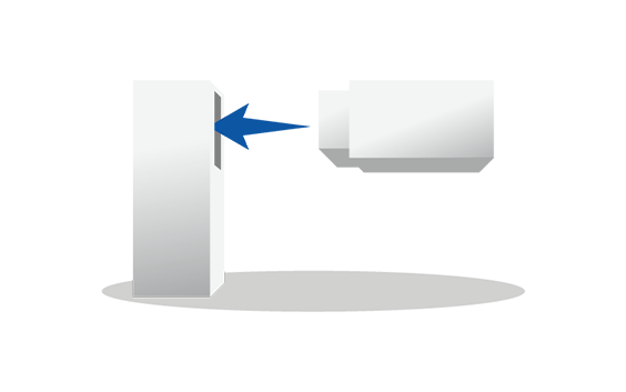 A tall rectangular 3D block with a blue arrow pointing toward a recessed slot, aligned with a separate rectangular piece positioned to fit into the slot.