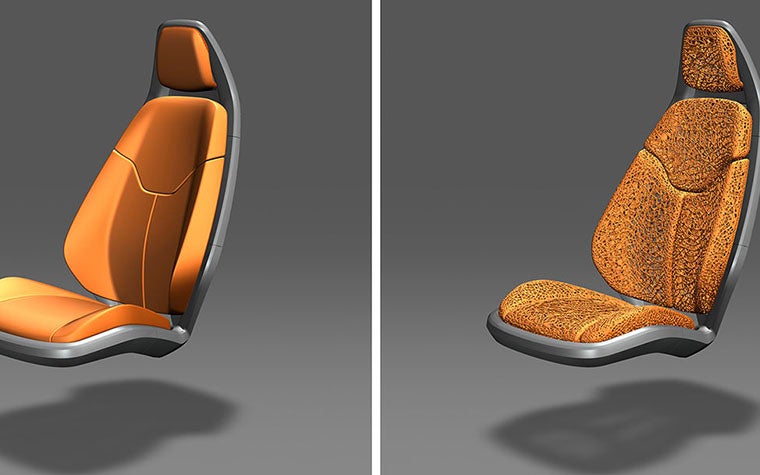 Digital render of a car seat before and after added organic webbing structure